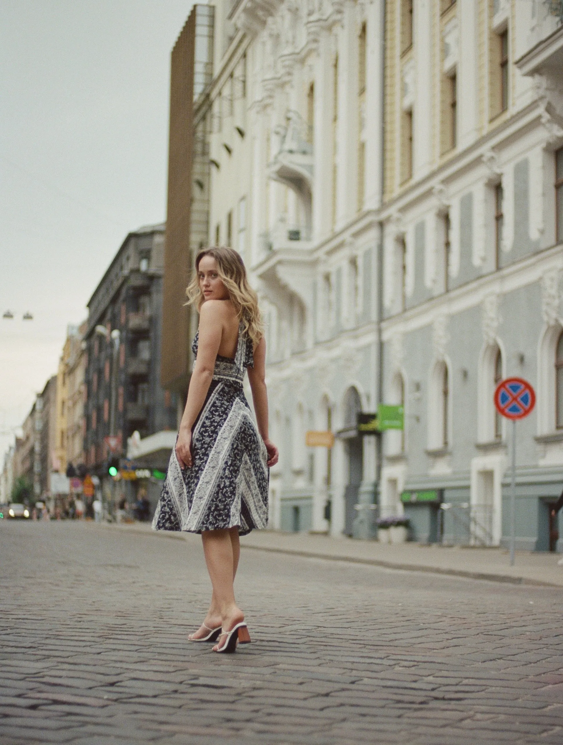 Freya Halter Dress / Black & Milky White Floral Stripe Cotton