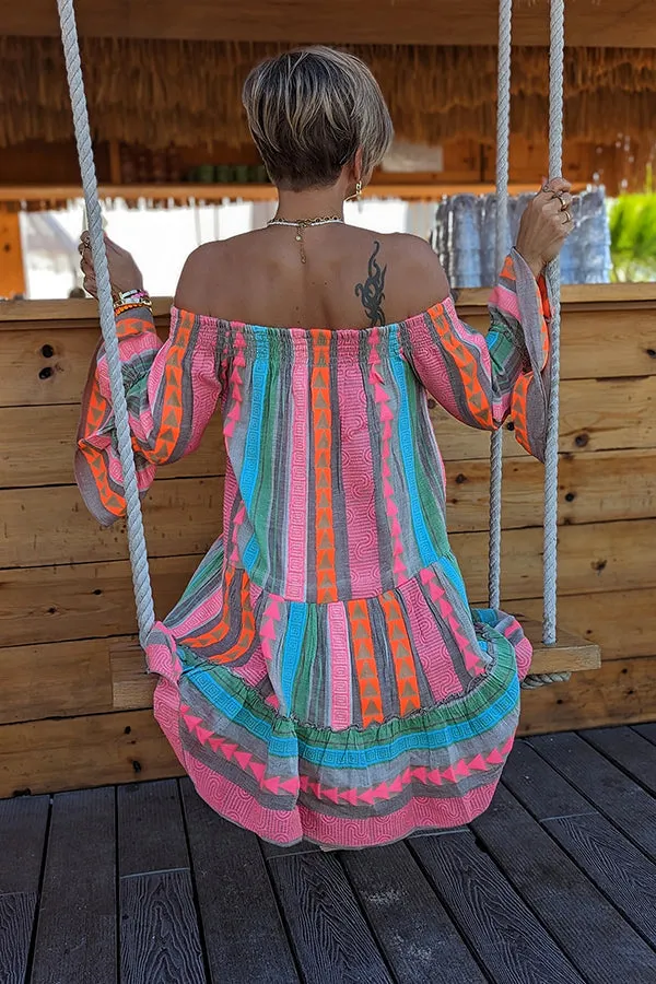 Friendly Shores Linen Blend Ethnic Print Off Shoulder Loose Mini Dress