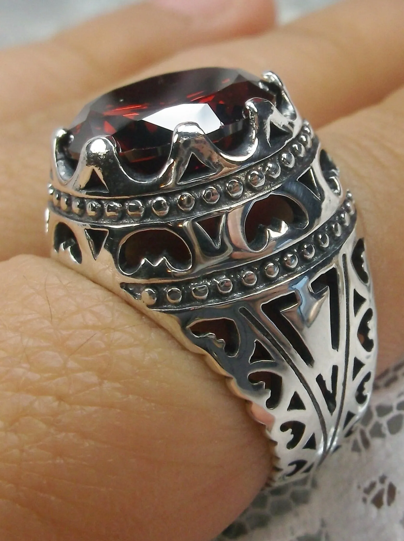 Garnet CZ Ring, Round Gem, Edwardian Revival Jewelry, Queen of Hearts, D181