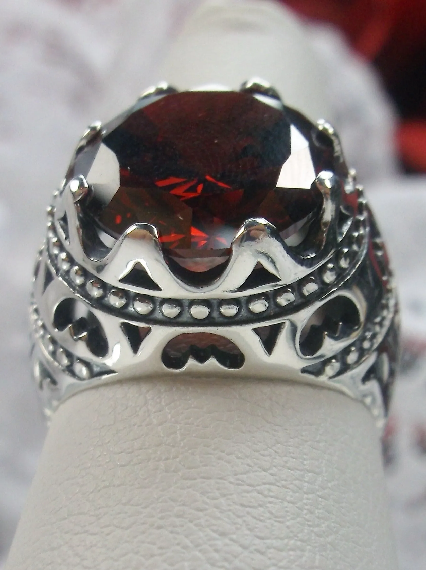 Garnet CZ Ring, Round Gem, Edwardian Revival Jewelry, Queen of Hearts, D181