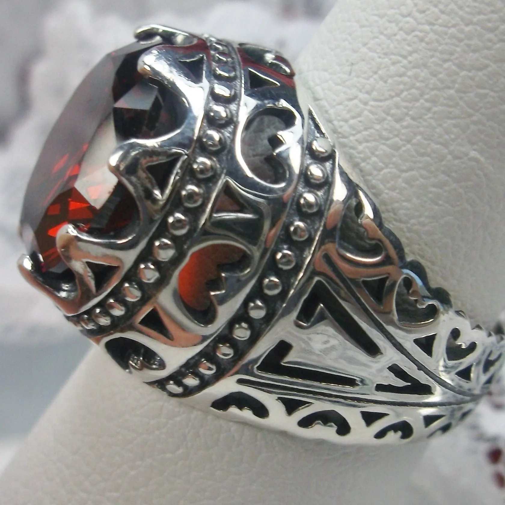 Garnet CZ Ring, Round Gem, Edwardian Revival Jewelry, Queen of Hearts, D181