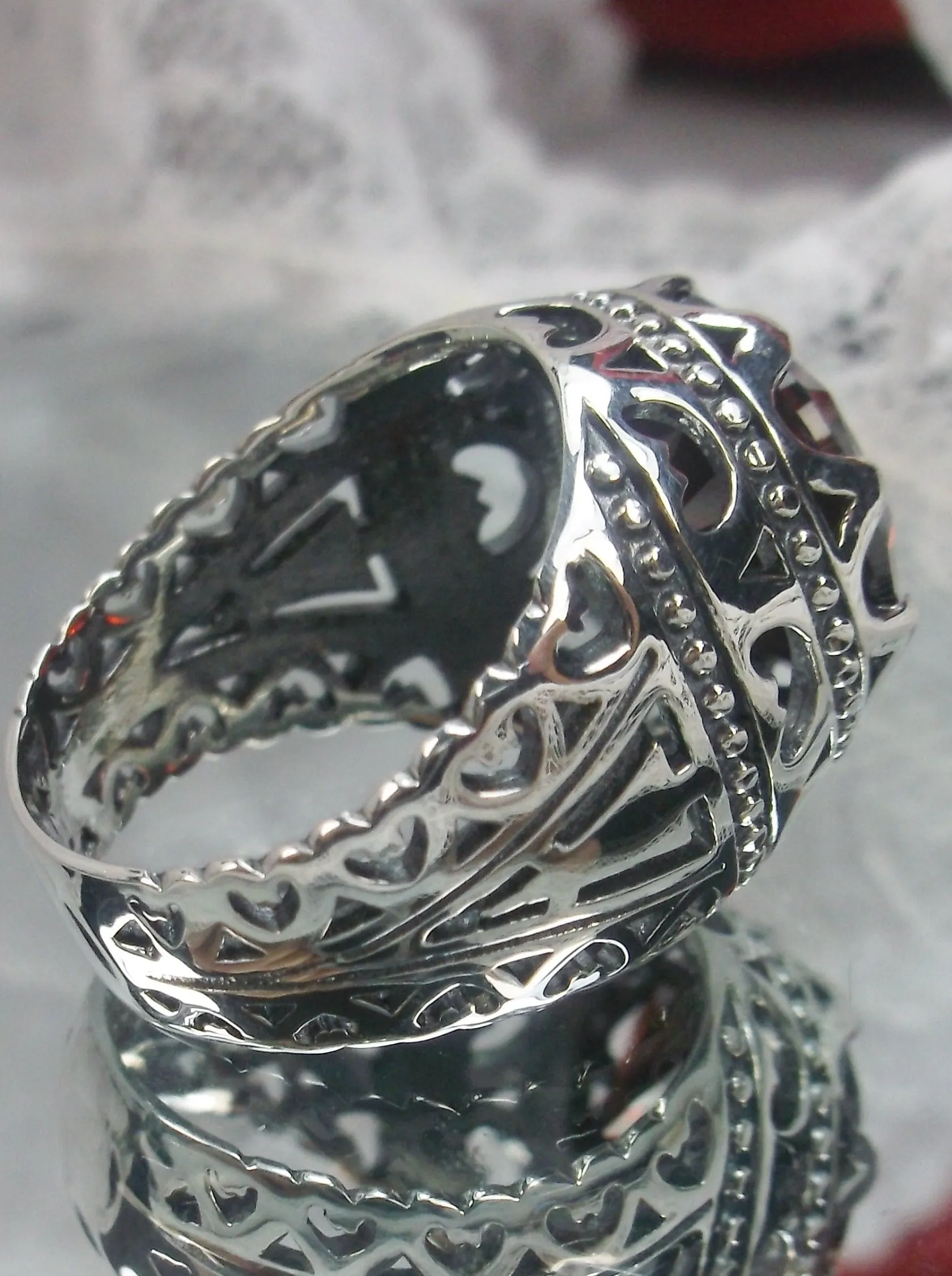 Garnet CZ Ring, Round Gem, Edwardian Revival Jewelry, Queen of Hearts, D181