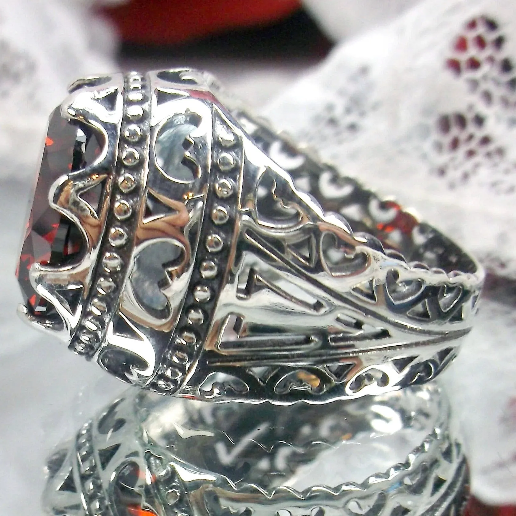 Garnet CZ Ring, Round Gem, Edwardian Revival Jewelry, Queen of Hearts, D181