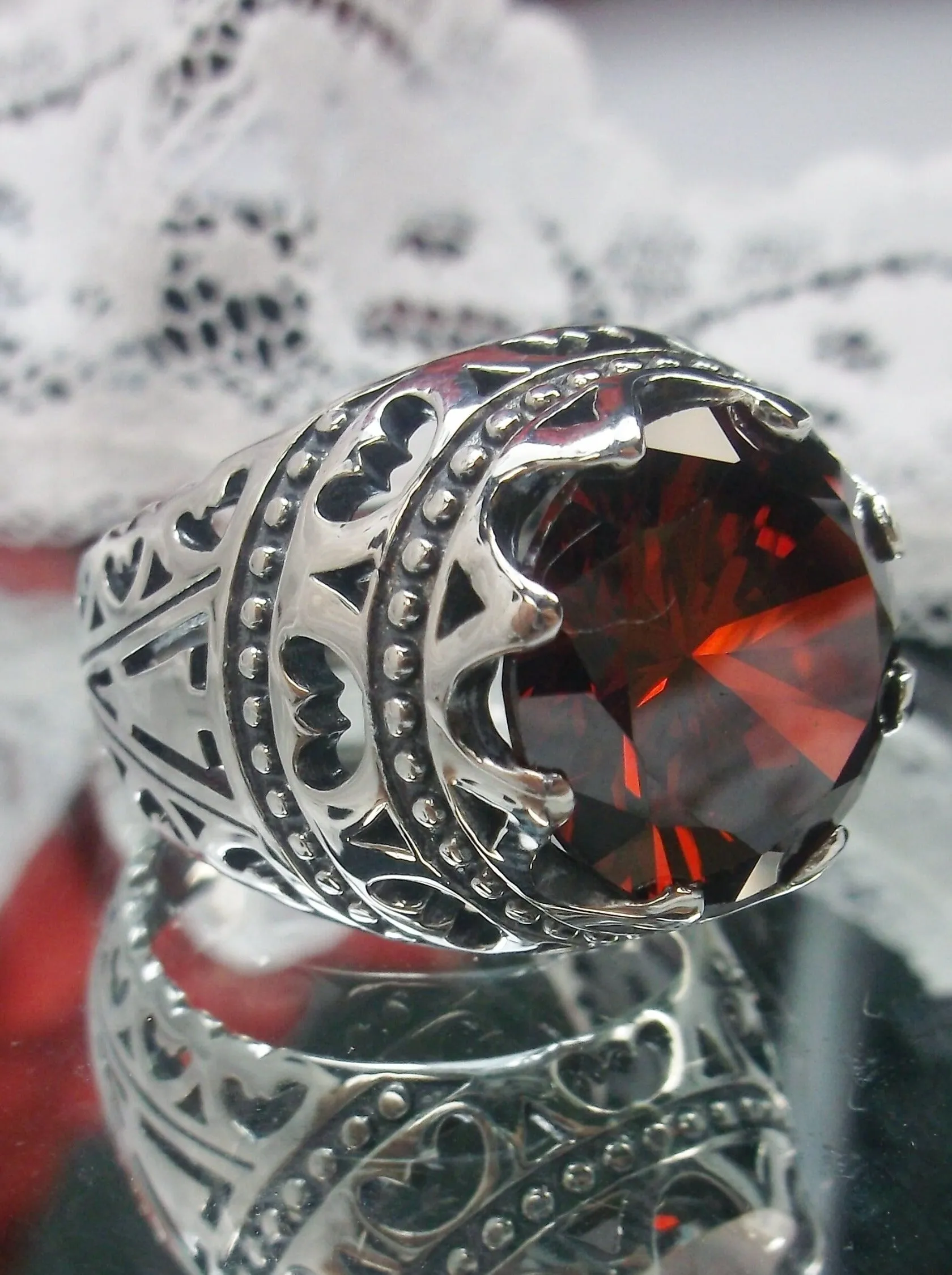 Garnet CZ Ring, Round Gem, Edwardian Revival Jewelry, Queen of Hearts, D181