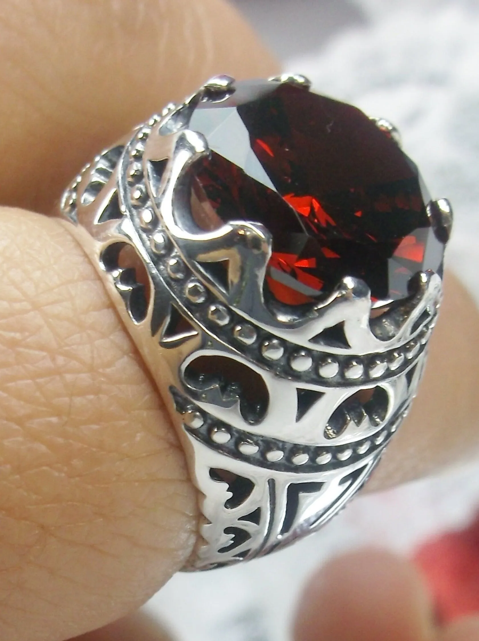 Garnet CZ Ring, Round Gem, Edwardian Revival Jewelry, Queen of Hearts, D181
