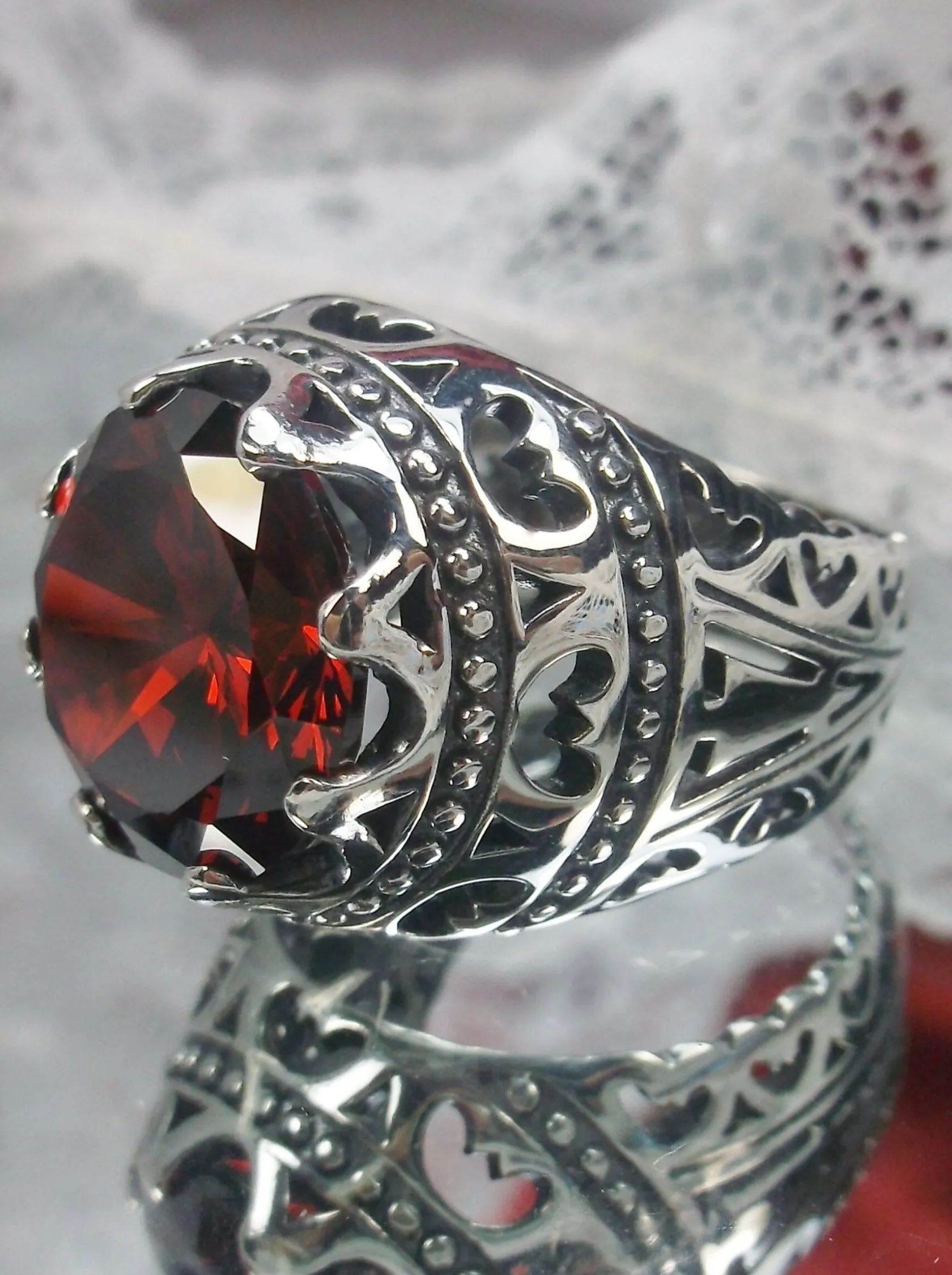 Garnet CZ Ring, Round Gem, Edwardian Revival Jewelry, Queen of Hearts, D181