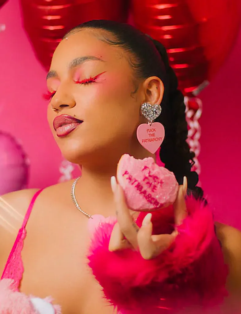 GENTLE REMINDER CANDY HEART EARRINGS - F*CK THE PATRIARCHY