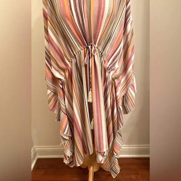 GIGIO Striped Multicolor V-Neck Drawstring Waist Ruffled Dolman Sleeve Dress M