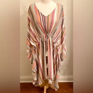 GIGIO Striped Multicolor V-Neck Drawstring Waist Ruffled Dolman Sleeve Dress M
