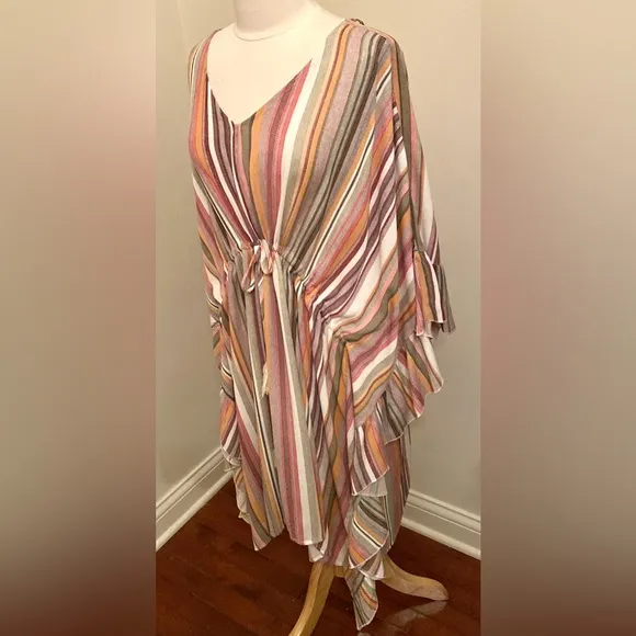 GIGIO Striped Multicolor V-Neck Drawstring Waist Ruffled Dolman Sleeve Dress M