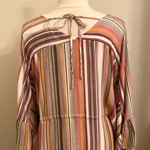 GIGIO Striped Multicolor V-Neck Drawstring Waist Ruffled Dolman Sleeve Dress M