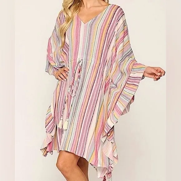 GIGIO Striped Multicolor V-Neck Drawstring Waist Ruffled Dolman Sleeve Dress M