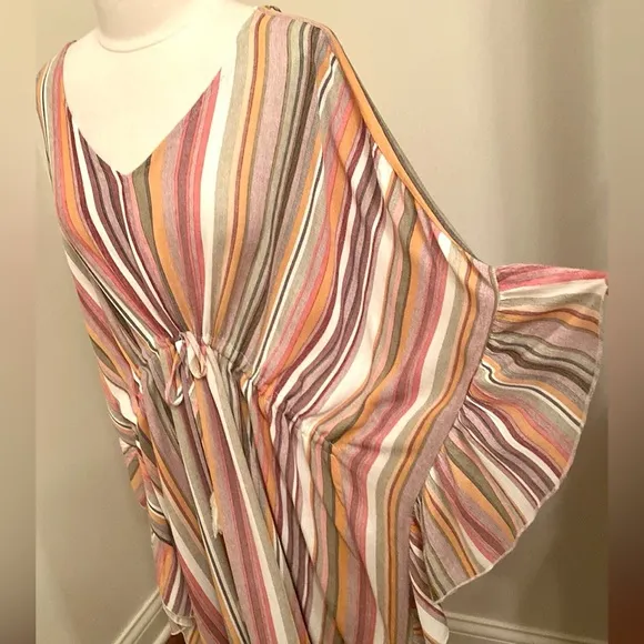 GIGIO Striped Multicolor V-Neck Drawstring Waist Ruffled Dolman Sleeve Dress M