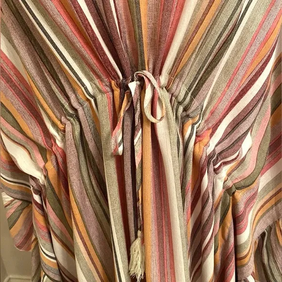 GIGIO Striped Multicolor V-Neck Drawstring Waist Ruffled Dolman Sleeve Dress M
