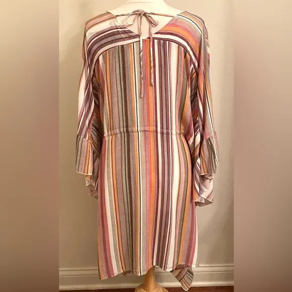 GIGIO Striped Multicolor V-Neck Drawstring Waist Ruffled Dolman Sleeve Dress M