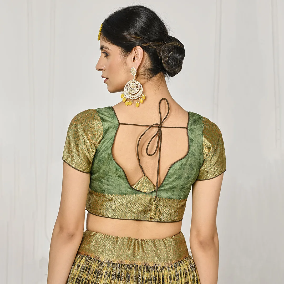Glowing Golden and Green Banarsi Lehenga Set