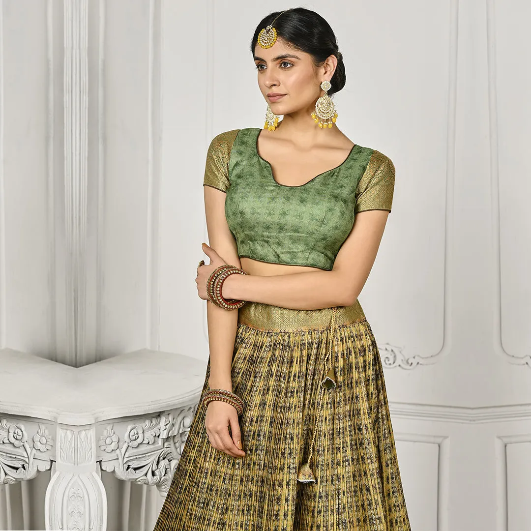 Glowing Golden and Green Banarsi Lehenga Set