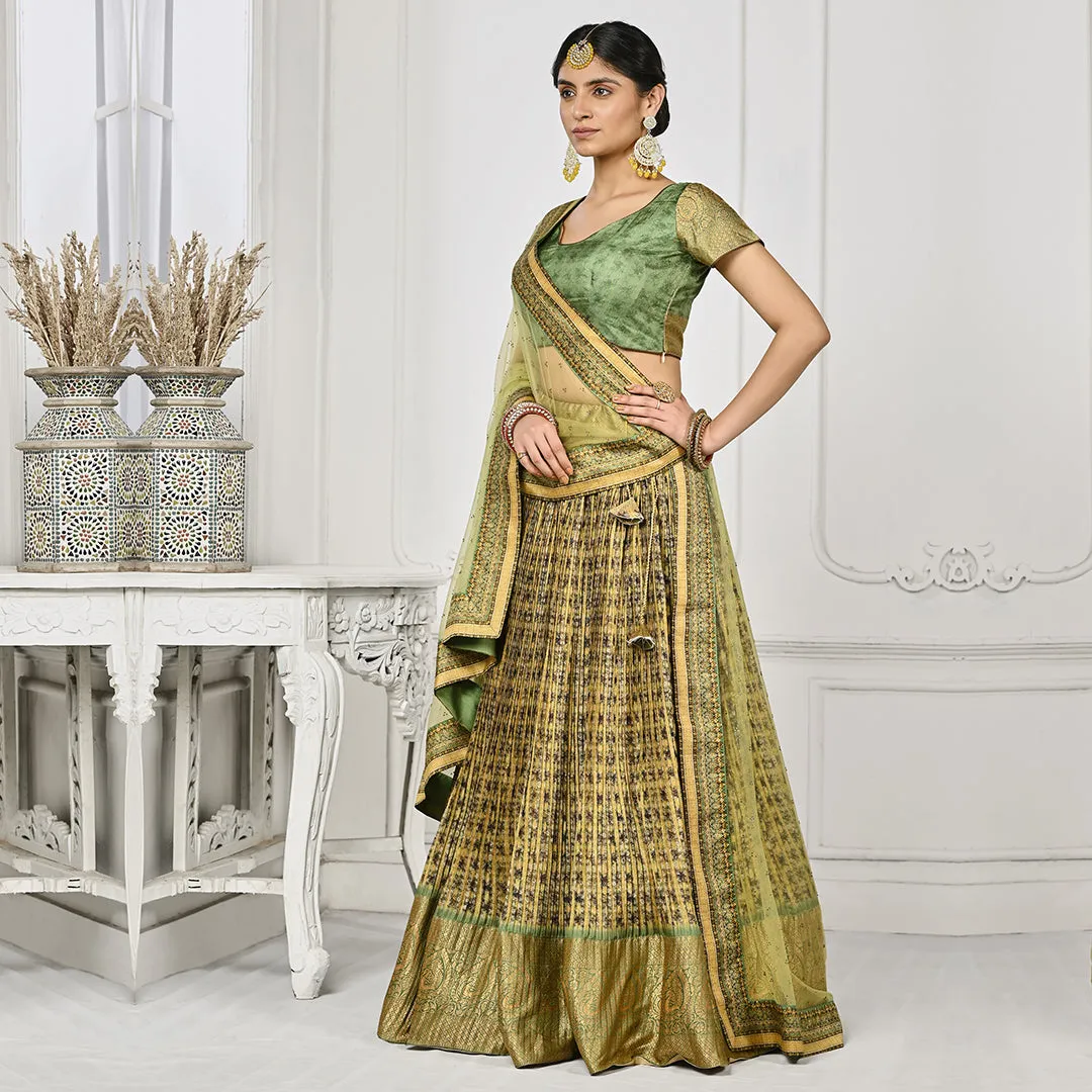 Glowing Golden and Green Banarsi Lehenga Set
