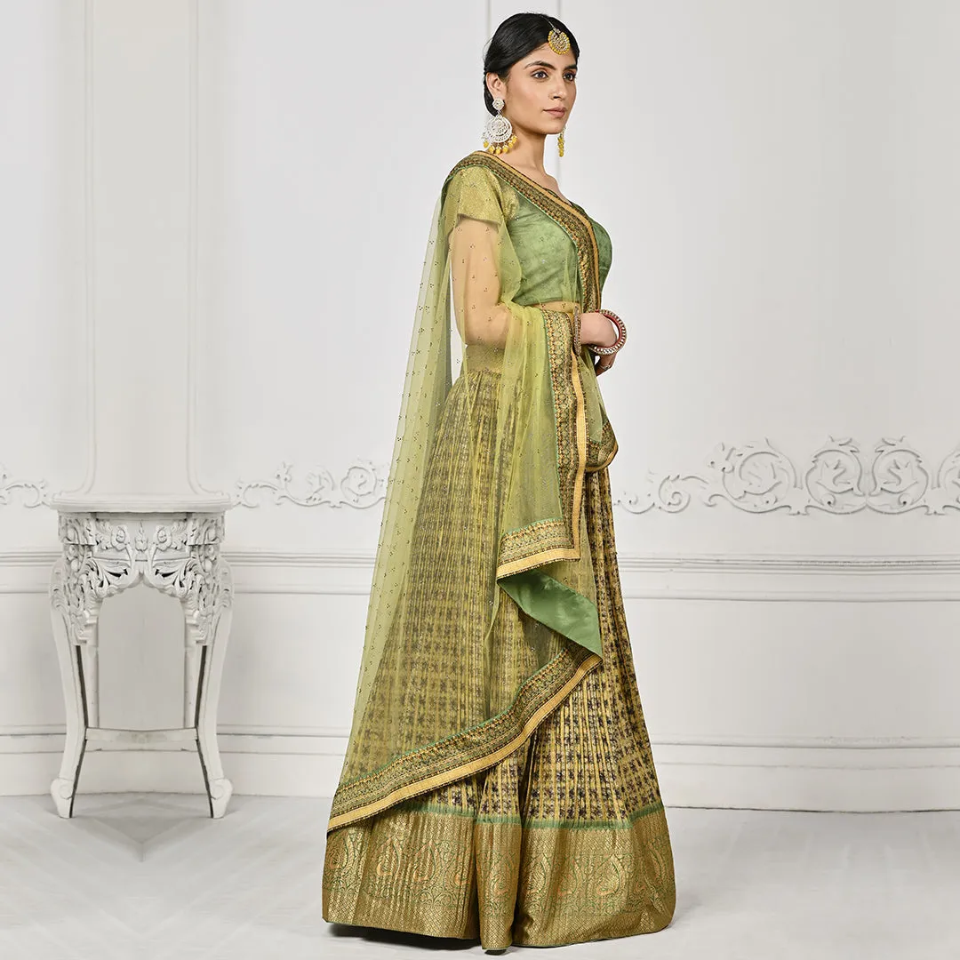 Glowing Golden and Green Banarsi Lehenga Set