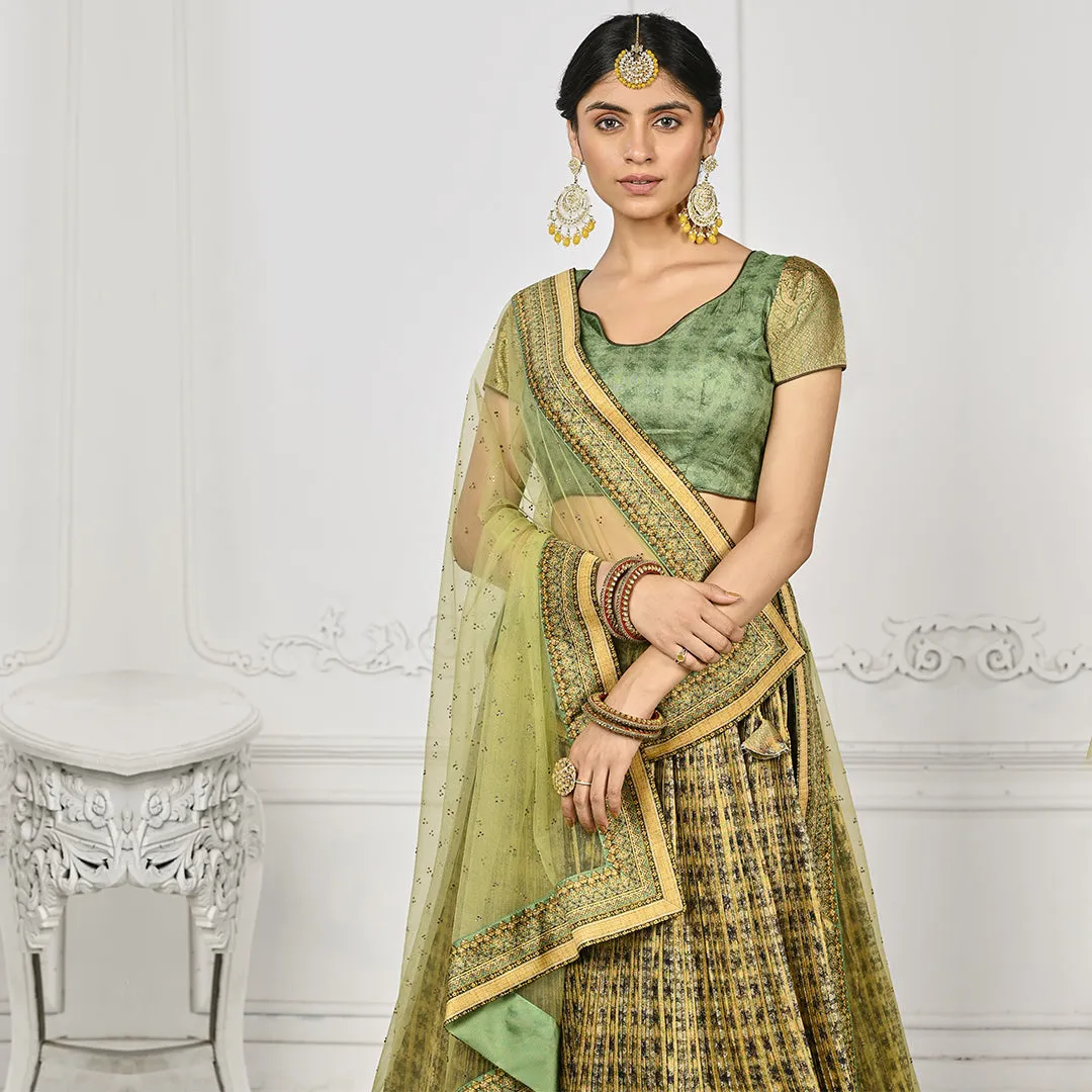 Glowing Golden and Green Banarsi Lehenga Set