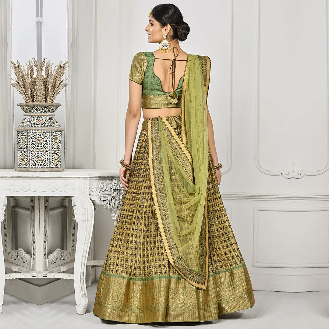 Glowing Golden and Green Banarsi Lehenga Set