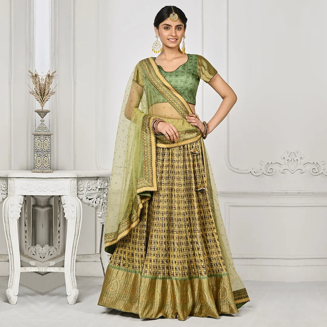 Glowing Golden and Green Banarsi Lehenga Set