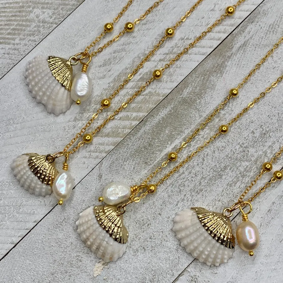 Gold Plated necklace with a Sea Shell Pendant and a Baroque Pearl 350-07 | Erika Williner Designs