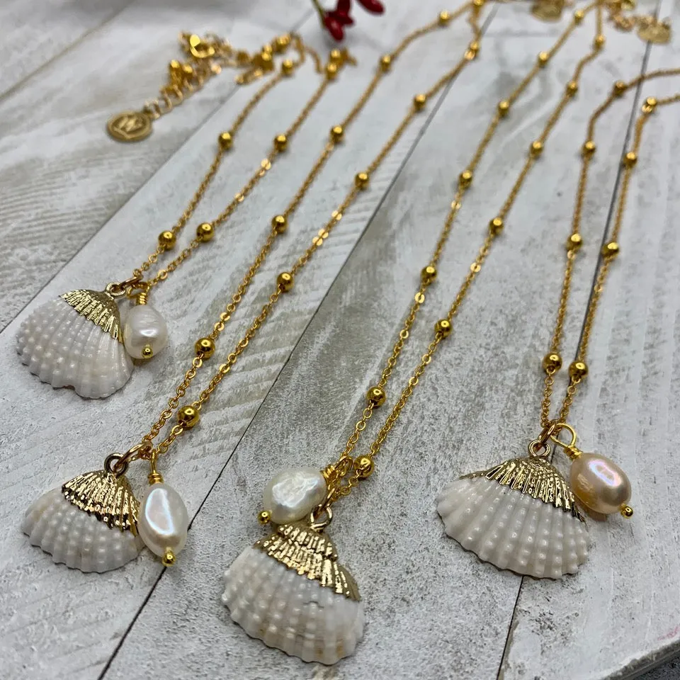 Gold Plated necklace with a Sea Shell Pendant and a Baroque Pearl 350-07 | Erika Williner Designs