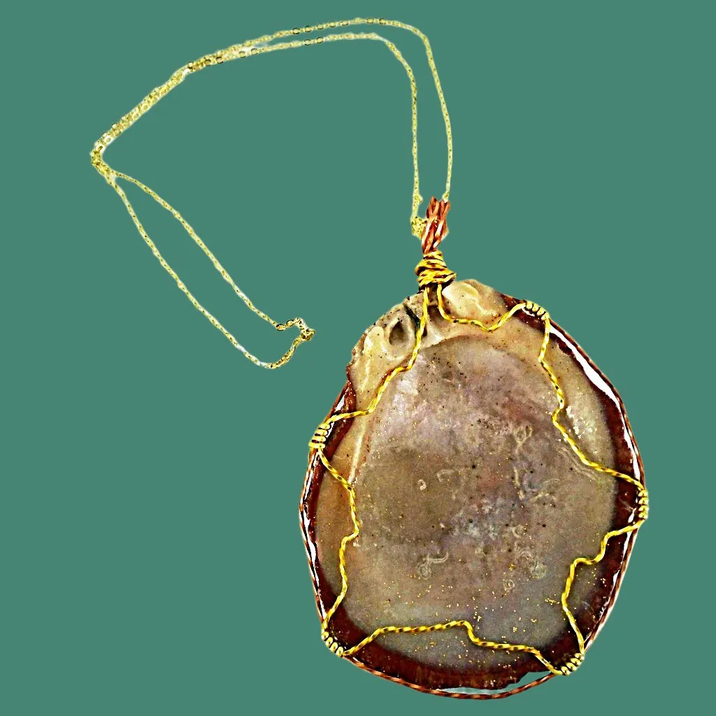 Gorgeous Reddish Clamshell Pendant with Gold Sparkle, Wire Wrap, and Twirls - Handmade Jewelry
