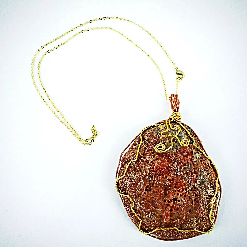 Gorgeous Reddish Clamshell Pendant with Gold Sparkle, Wire Wrap, and Twirls - Handmade Jewelry