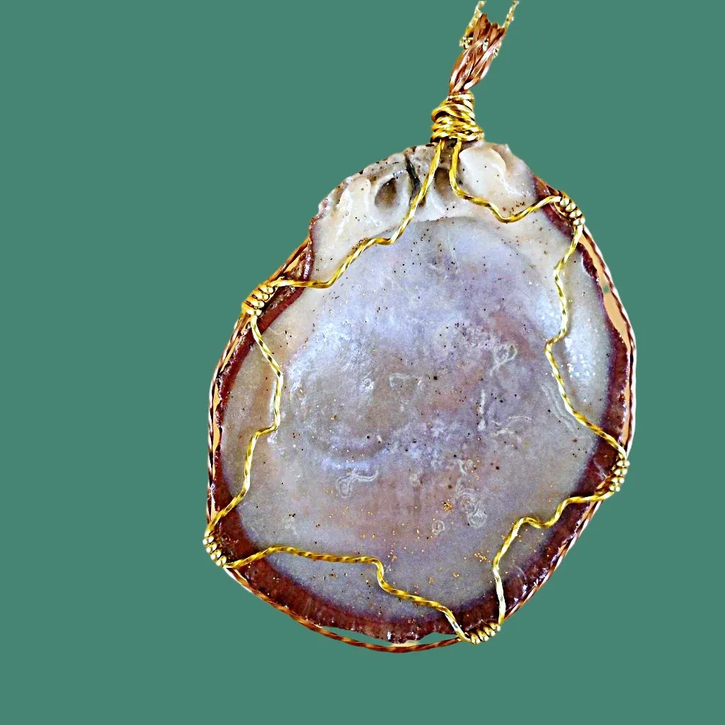 Gorgeous Reddish Clamshell Pendant with Gold Sparkle, Wire Wrap, and Twirls - Handmade Jewelry