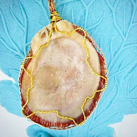 Gorgeous Reddish Clamshell Pendant with Gold Sparkle, Wire Wrap, and Twirls - Handmade Jewelry