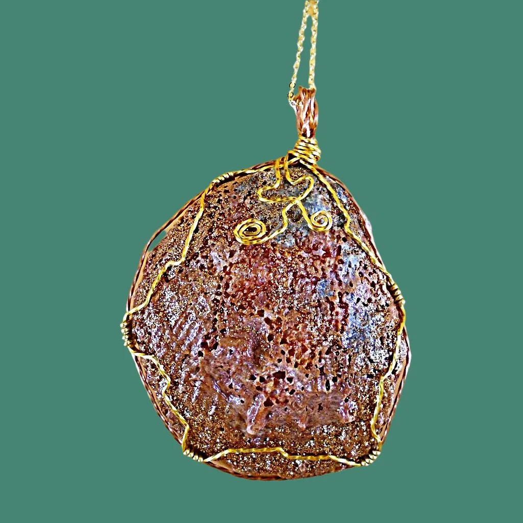 Gorgeous Reddish Clamshell Pendant with Gold Sparkle, Wire Wrap, and Twirls - Handmade Jewelry