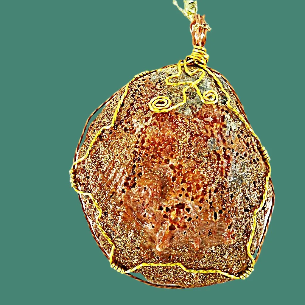 Gorgeous Reddish Clamshell Pendant with Gold Sparkle, Wire Wrap, and Twirls - Handmade Jewelry