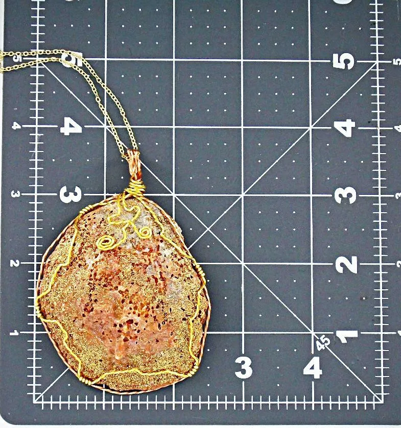 Gorgeous Reddish Clamshell Pendant with Gold Sparkle, Wire Wrap, and Twirls - Handmade Jewelry