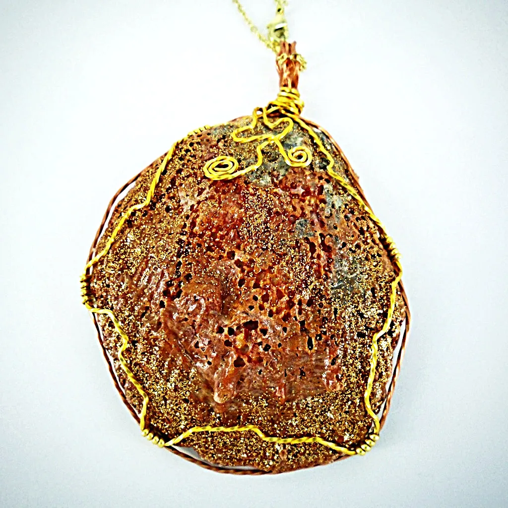 Gorgeous Reddish Clamshell Pendant with Gold Sparkle, Wire Wrap, and Twirls - Handmade Jewelry