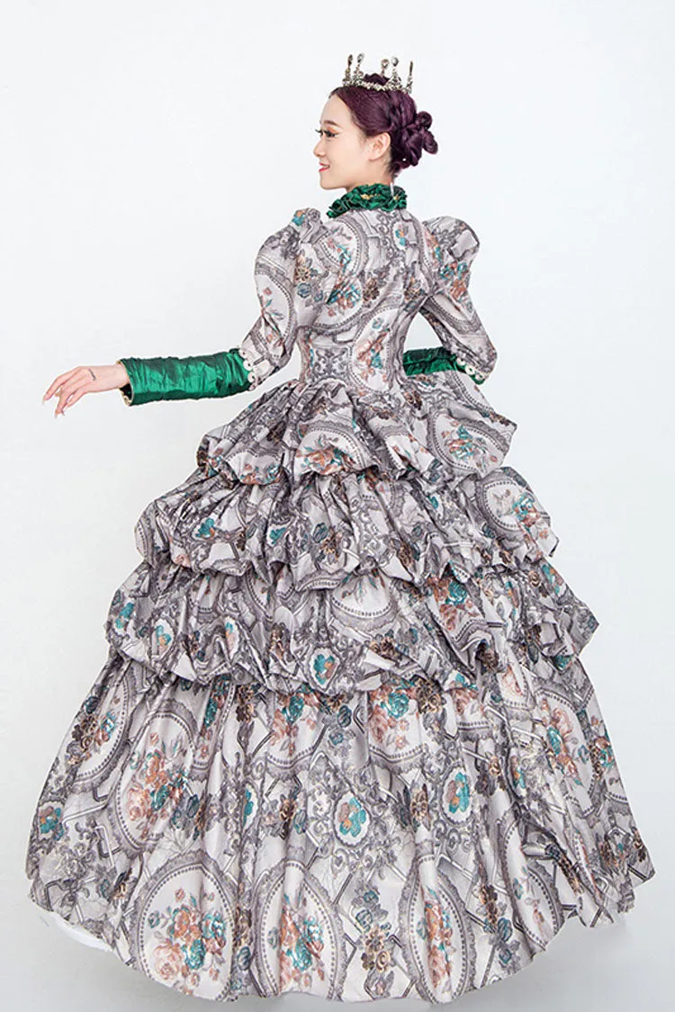 Gray Long Sleeves High Collar Embroidery Floral Print Wave Fold Victorian Lolita Prom Dress