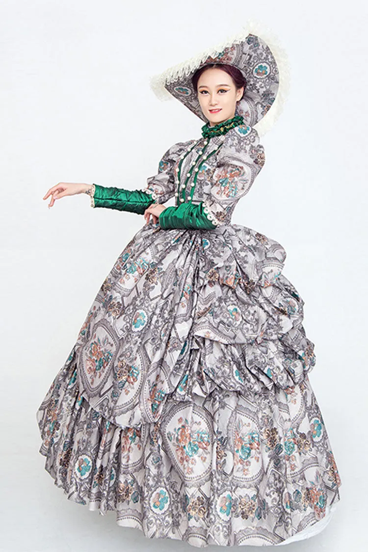 Gray Long Sleeves High Collar Embroidery Floral Print Wave Fold Victorian Lolita Prom Dress