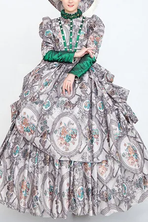 Gray Long Sleeves High Collar Embroidery Floral Print Wave Fold Victorian Lolita Prom Dress