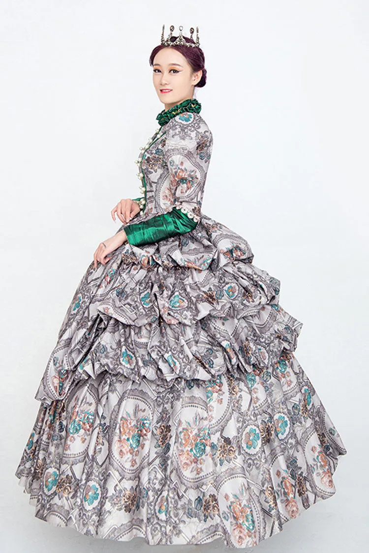 Gray Long Sleeves High Collar Embroidery Floral Print Wave Fold Victorian Lolita Prom Dress
