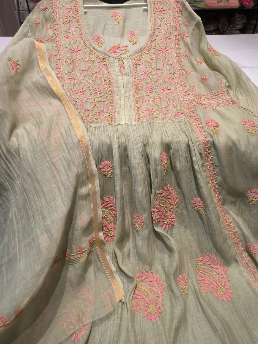 Gray-Pink Chikankari Work Semi Stitched Salwar Suit