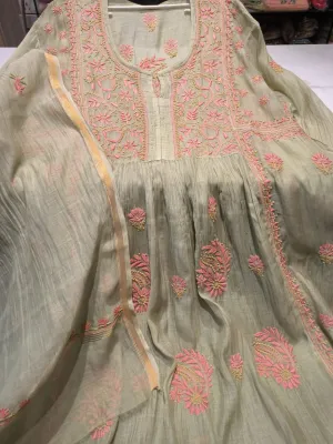 Gray-Pink Chikankari Work Semi Stitched Salwar Suit