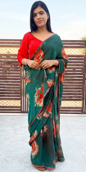 Green and Red Pure Georgette Hand Tie Dye Saree
