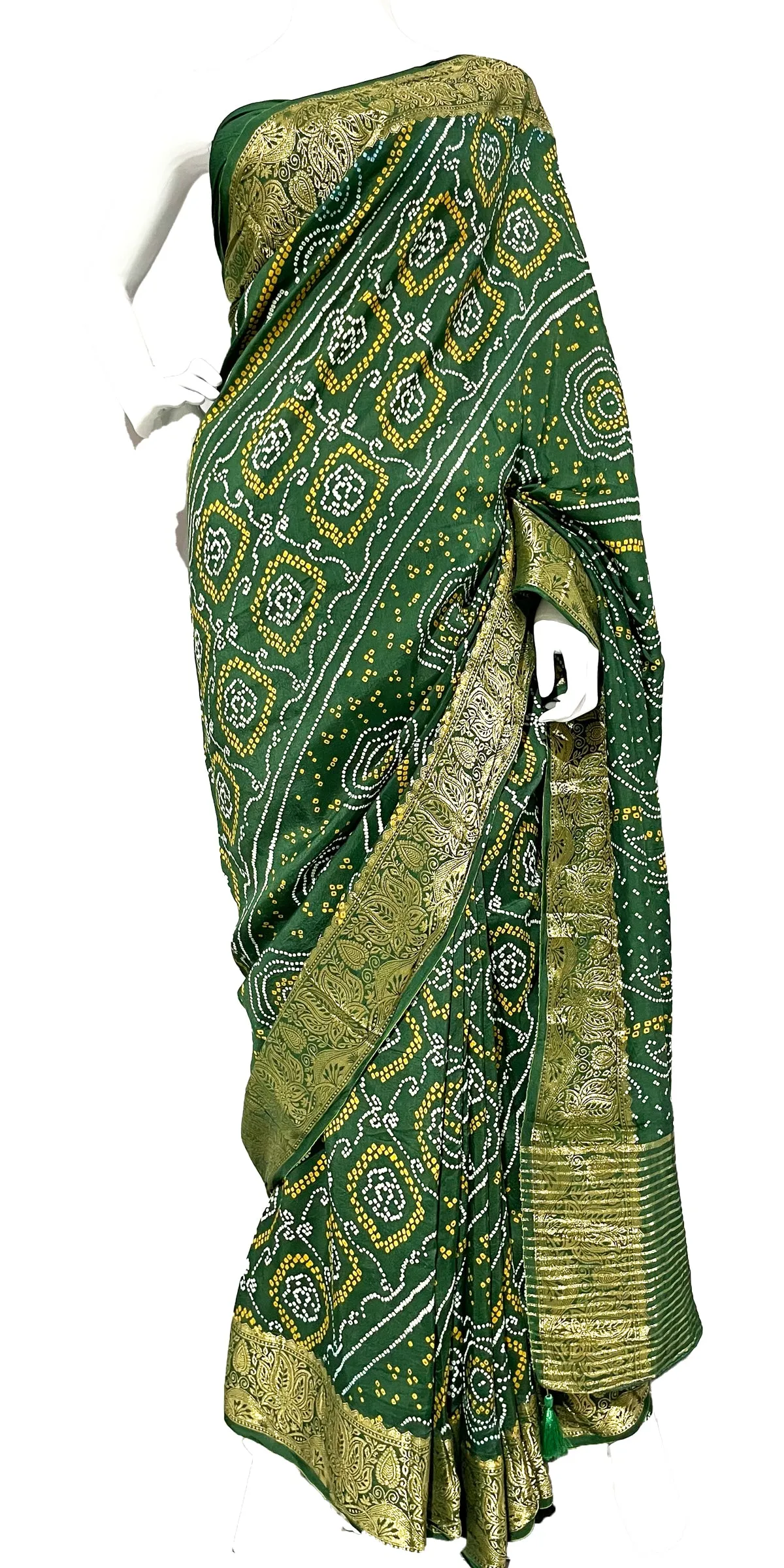 Green Bandhani Sari, Bhandej Silk Saree, Jaipuri print Saree, Teej Saree