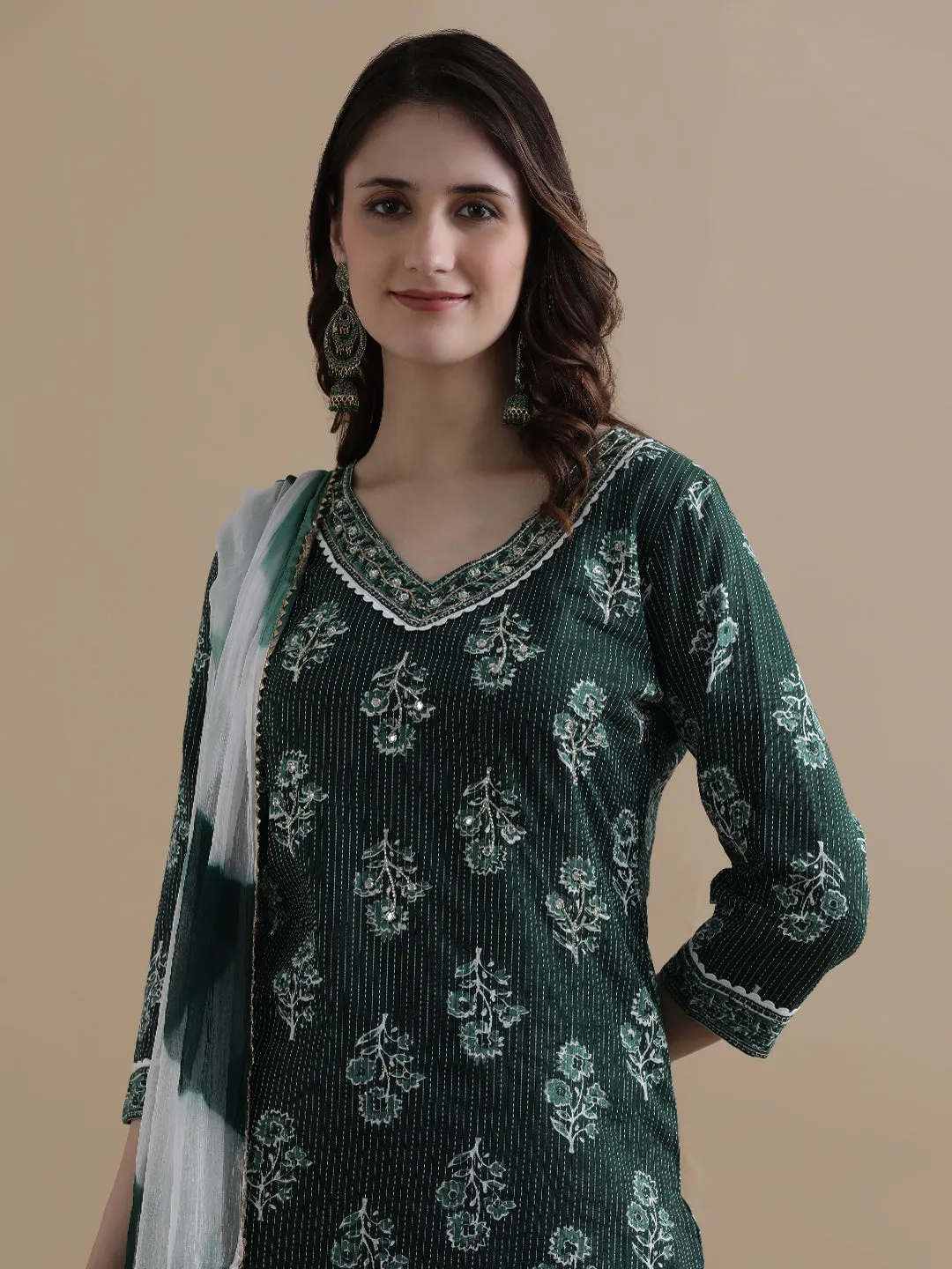 Green Floral Printed Kantha Work Pure Cotton Kurta With Pant & Chiffon Dupatta