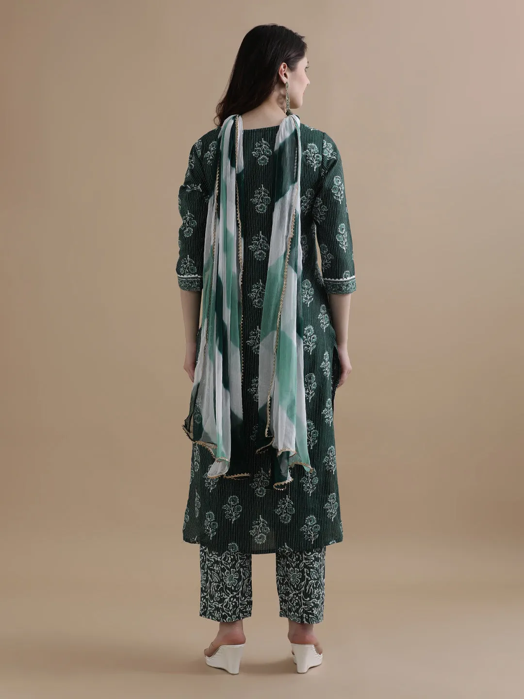 Green Floral Printed Kantha Work Pure Cotton Kurta With Pant & Chiffon Dupatta