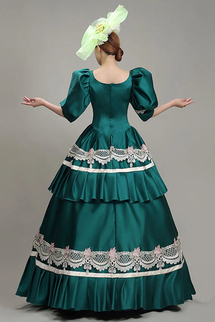 Green Lantern Sleeves High Waisted Lace Stitching Hollow Embroidery Print Victorian Lolita Tiered Dress