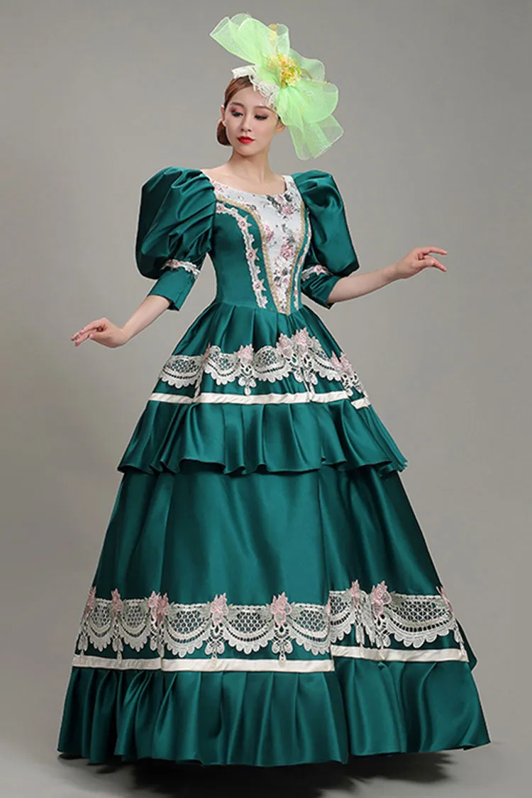 Green Lantern Sleeves High Waisted Lace Stitching Hollow Embroidery Print Victorian Lolita Tiered Dress