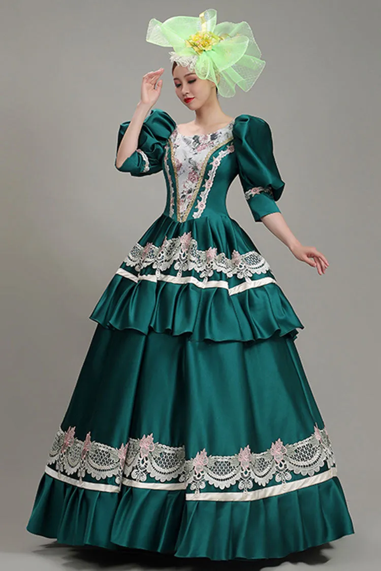 Green Lantern Sleeves High Waisted Lace Stitching Hollow Embroidery Print Victorian Lolita Tiered Dress