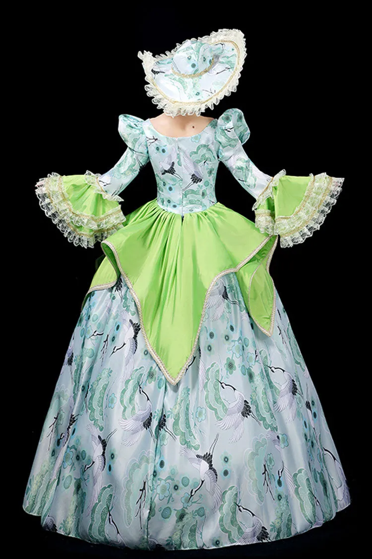 Green Multi-Layer Hime Sleeves High Waisted Stitching Chinese Red Crowned Crane Print Victorian Lolita Prom Dress